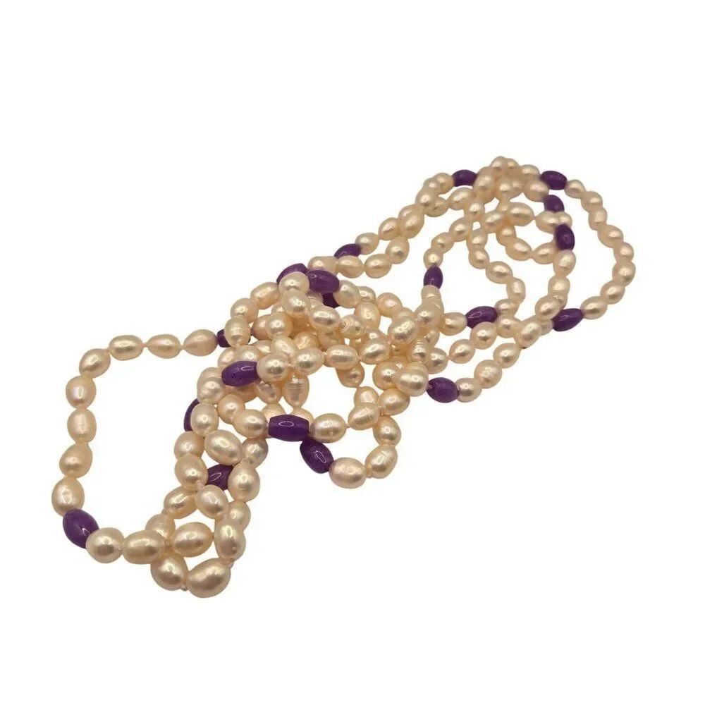 Freshwater Pearl Purple Beaded Necklace 64" Elegant Design